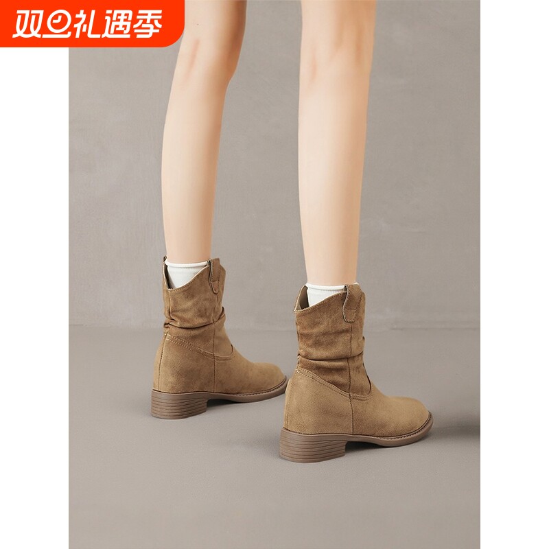 勃肯短靴女2025新款秋冬季厚底内增高西部靴美拉德中筒堆堆靴子爆