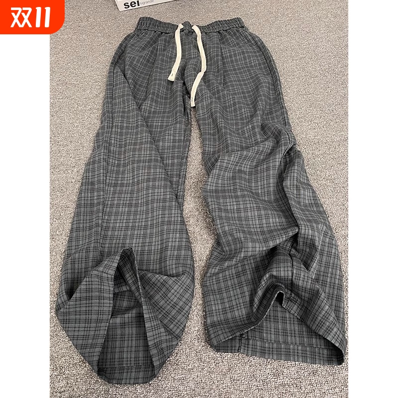 cleanfit灰色格子裤男夏季薄款松弛感运动裤子美式休闲阔腿直筒裤