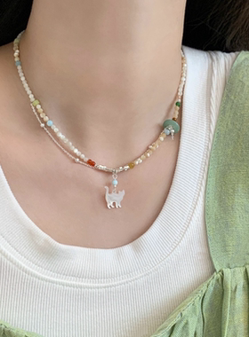 多巴胺双层彩色串珠猫咪项链夏季甜美小清新锁骨链女网红百搭颈链