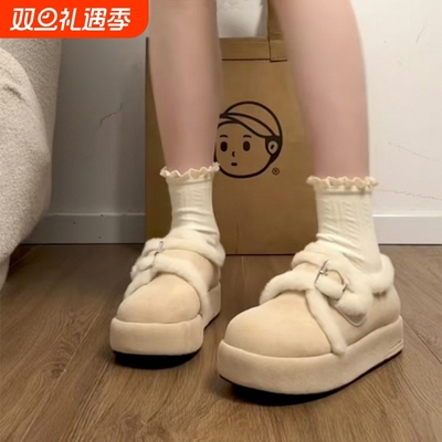 白色加绒厚底棉鞋女款2025新款冬季保暖毛毛鞋勃肯鞋雪地靴黑色