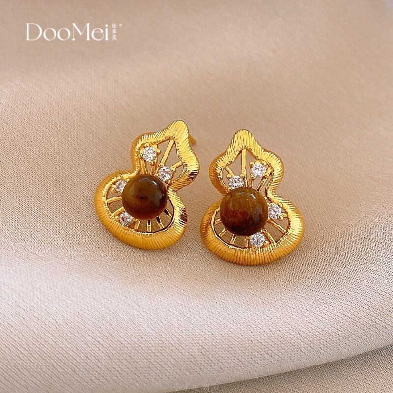 金色镶锆石虎眼石葫芦镂空耳钉新中式复古气质高级感个性耳环耳饰