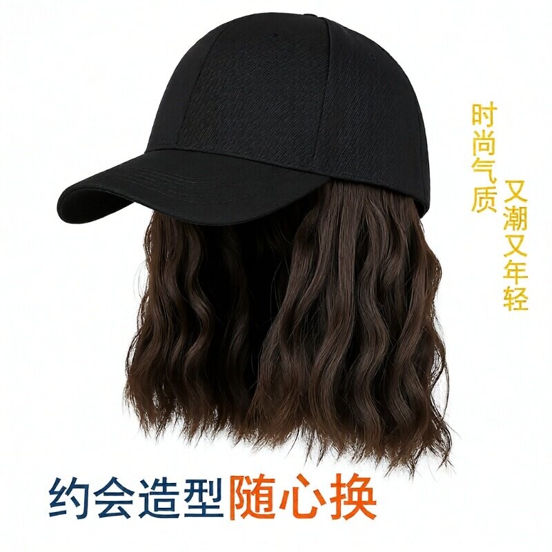 假发帽子帽一体女鸭舌帽短卷发全头套式一体帽短发发丝波波头仿真图片