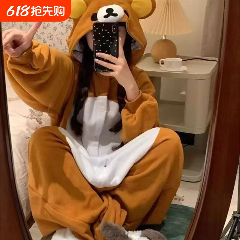 卡通轻松熊睡衣连体珊瑚绒女冬季加绒毛绒睡袍连体衣可外穿萌系