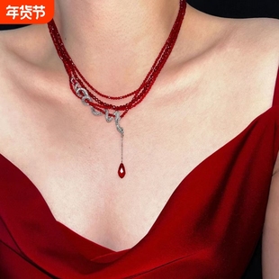 复古红色串珠缠绕灵蛇项链气质小众设计高级感个性甜酷辣妹锁骨链