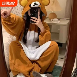 卡通轻松熊睡衣珊瑚绒连体女冬季加绒毛绒睡袍连体衣可外穿萌系