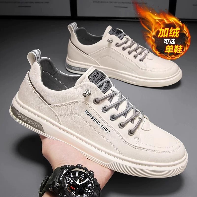 新男鞋秋冬新款潮鞋运动男士板鞋一脚蹬休闲皮鞋加绒棉鞋百搭防水