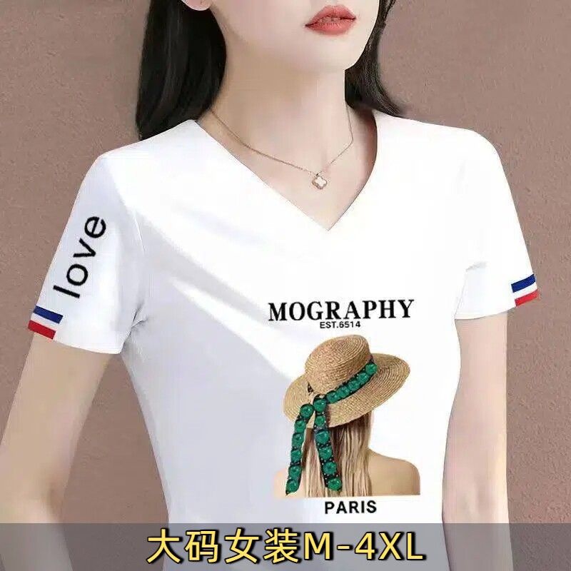 ~外贸出口尾单大牌剪标女装纯棉短袖t恤女v大码体恤衫1印花莲花