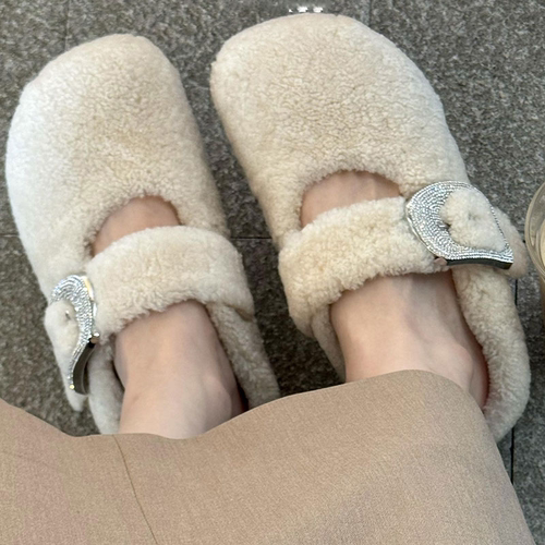 同款白色爆款包头羊羔毛毛拖鞋女外穿加绒棉鞋水钻勃肯鞋内增高