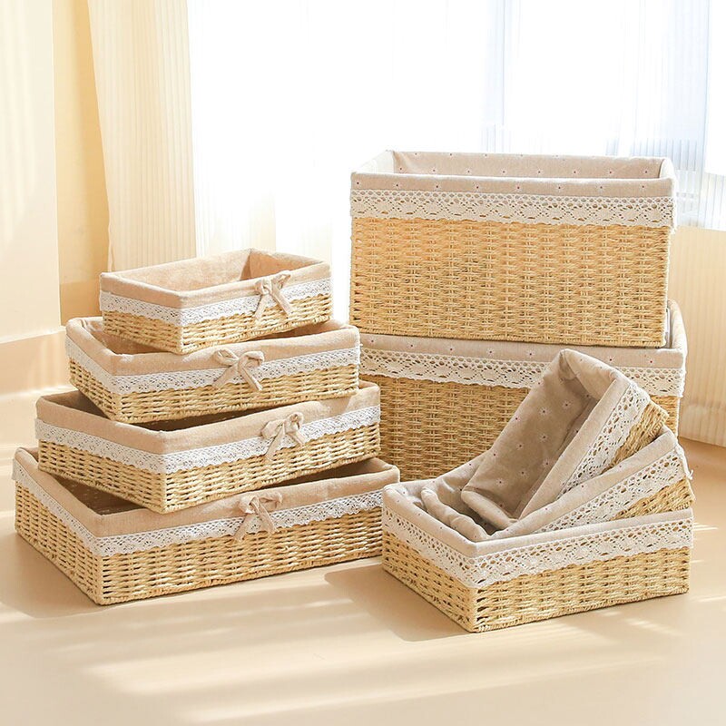 桌面收纳盒家用编织收纳筐仿藤编杂物玩具零食钥匙玄关整理篮分类