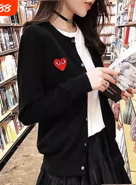 春秋爱心开衫女刺绣针织外搭羊毛衫情侣亲子大码毛衣外套红色黑色