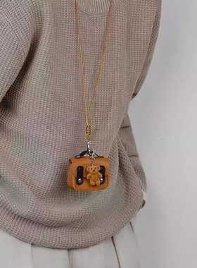 耳机包日韩风美拉德皮质小熊包包挂件吊坠项链长款毛衣链编织绳