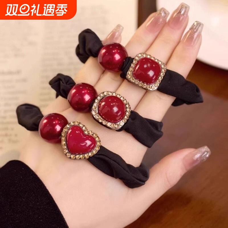 闪钻红色珍珠小肠发圈马尾头绳2025新年时尚韩式高级发绳丸子发饰