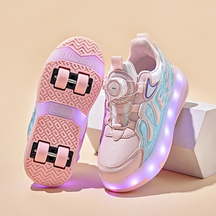 暴走鞋女童春秋季皮面儿童带轮子运动学生隐形轮滑鞋发光滑轮四轮