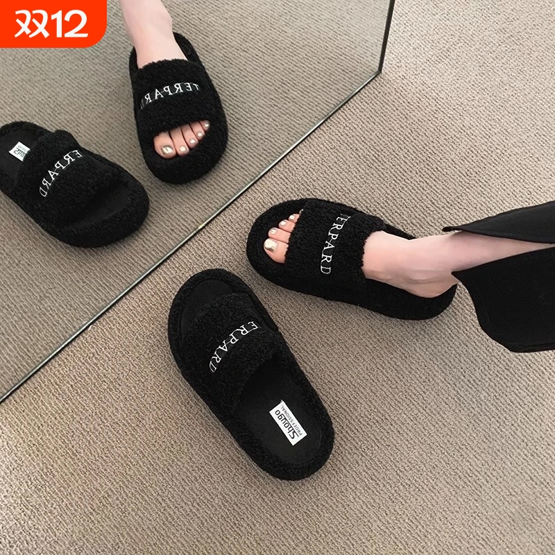 毛毛拖鞋女外穿高级感晨袍拖鞋厚底2025秋冬新款时尚居家毛绒拖鞋