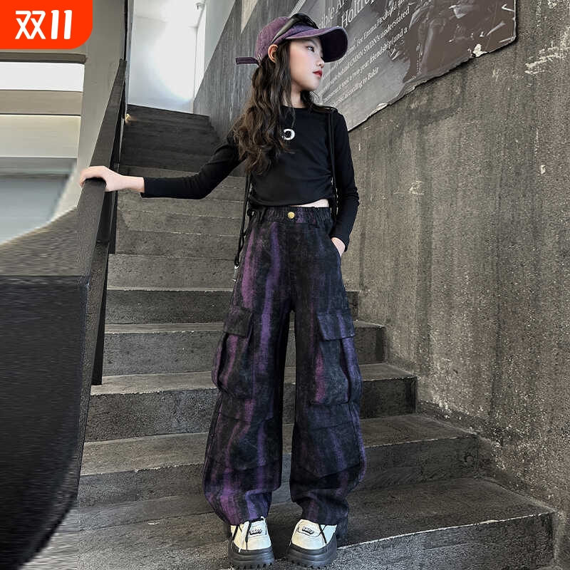 女童秋装2025新款大童洋气潮酷儿童时尚炸街春秋季工装裤迷彩紫色