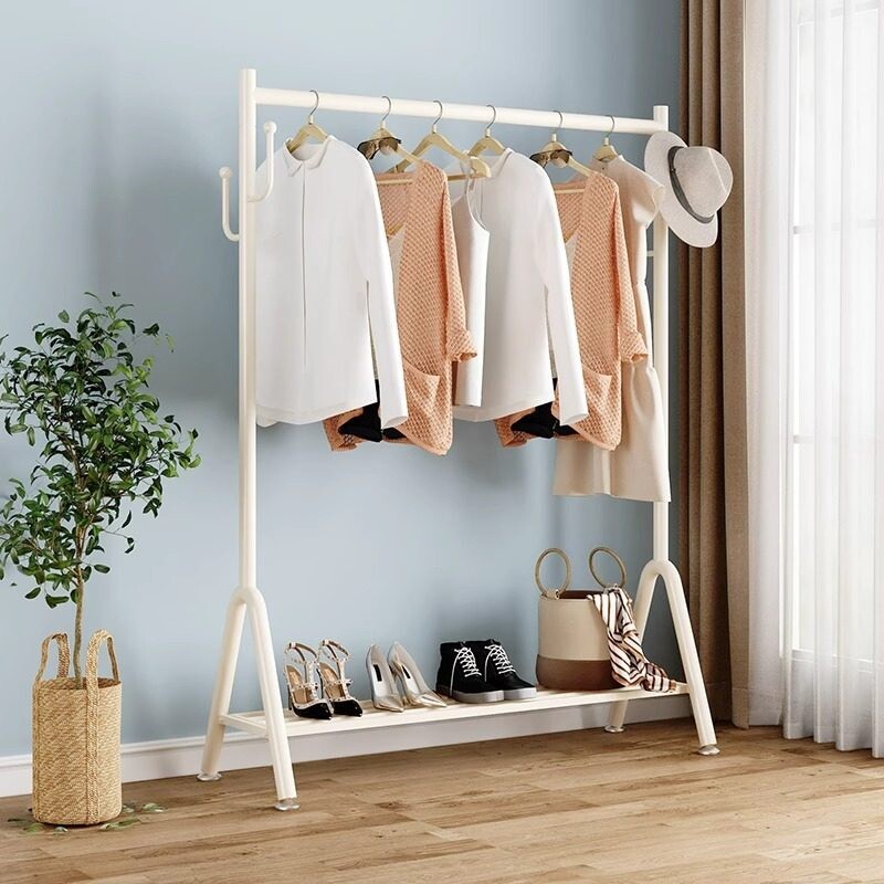 奶油风挂衣架落地卧室床边衣服置物架简易家用阳台晾衣杆衣帽架子