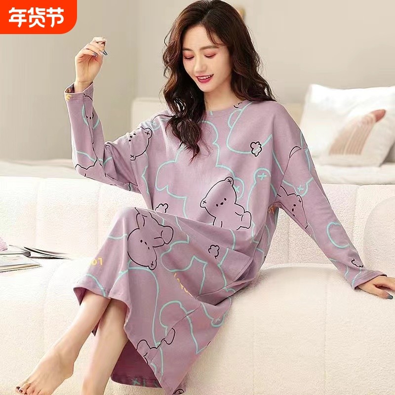 春秋冬季学生甜美睡裙女长款过膝长袖睡衣连衣裙日系家居服印花