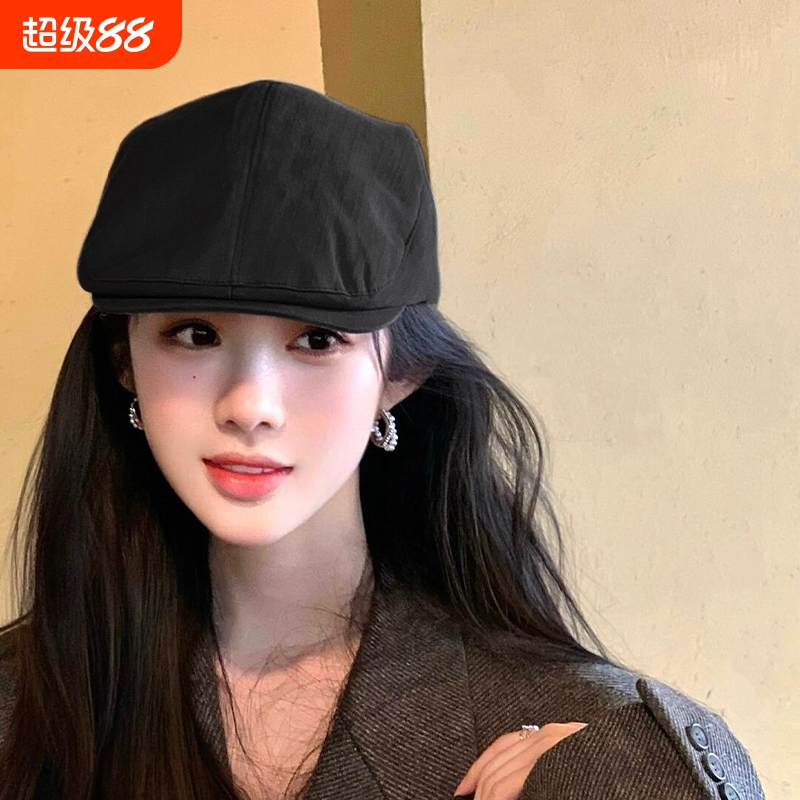 黑色前进帽子时尚百搭女春秋季2025新款百搭显脸小贝雷帽报童帽子
