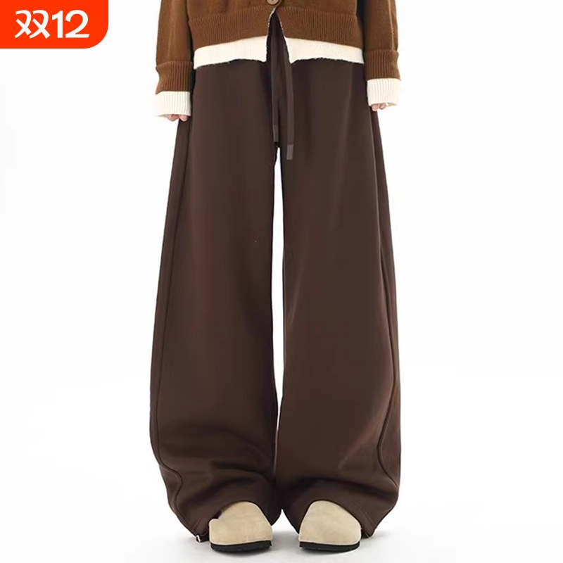 美式复古棕色加绒卫裤女男秋冬季宽松运动阔腿裤慵懒风弯刀休闲裤