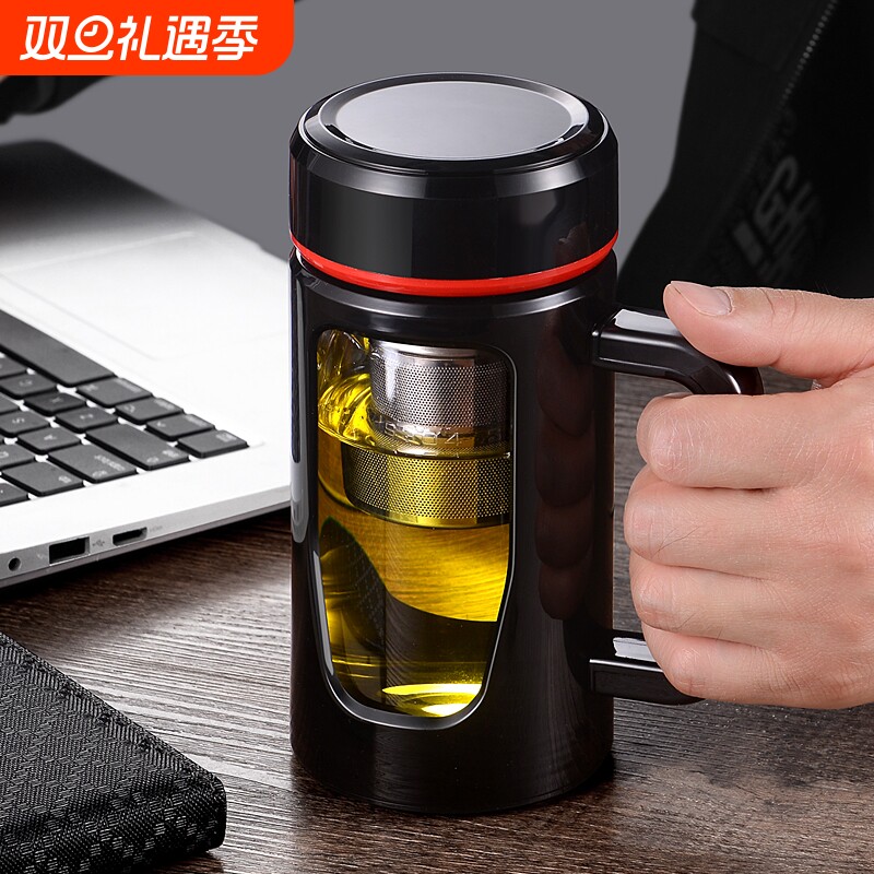 高硼硅双层玻璃杯水杯防摔男带把手办公室泡茶杯带盖大容量家用