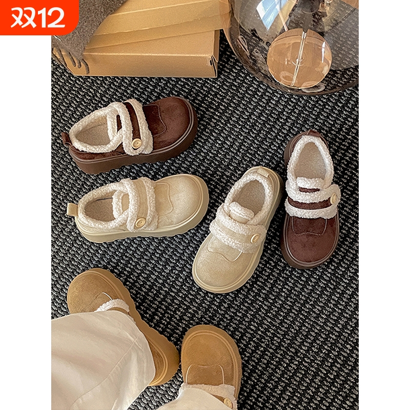 复古增高厚底雪地棉鞋女冬2025新款保暖外穿勃肯毛毛鞋毛绒白色