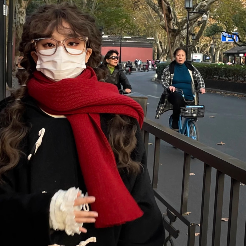 红色围巾鬼怪同款女冬季圣诞加厚保暖针织围脖百搭氛围感披肩手工