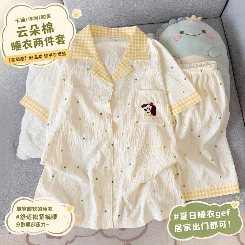 可爱睡衣女夏季新款波点短袖上衣短裤时尚格子家居服外穿轻松熊图片