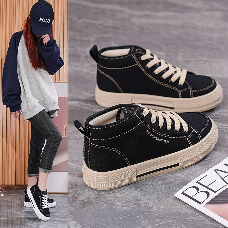高帮帆布鞋女2025新款秋季透气轻便百搭休闲黑色软底板鞋低帮圆头