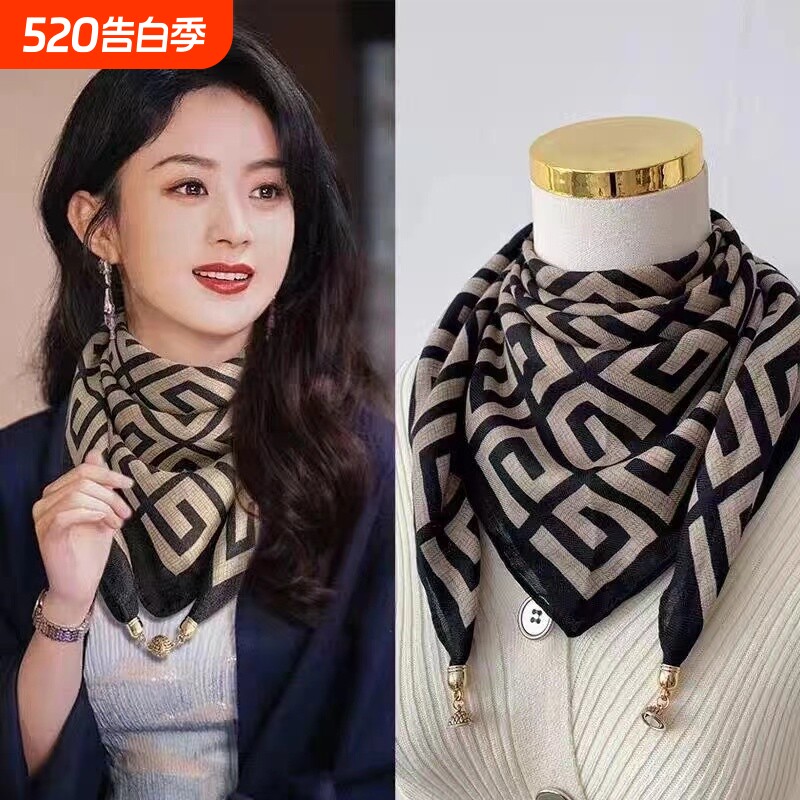 磁吸三角护颈小围巾女秋冬季2024新款棉麻丝巾高级感脖子方巾围脖