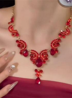 zoozmomo欧美重工红色满钻水滴锆石项链套装轻奢高级感夸张锁骨链