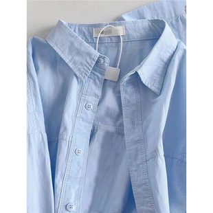 长袖 新款 纯棉衬衫 夏季 蓝色宽松上衣衬衣外套 女别致2025春秋装 大码