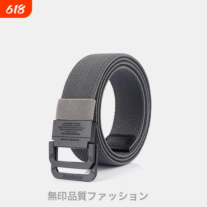 wu印帆布松紧弹力日本腰带黑色平滑双环扣裤带年轻人编织皮带