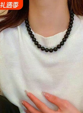 高质量2025创意圆珠黑项链乌金黑曜石项链简约百搭锁骨链金曜石链