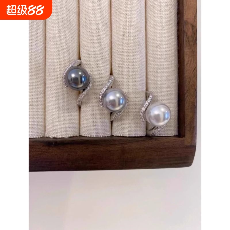 夏季轻奢闪钻交叉可调节纯银戒指单颗珍珠银灰大溪地黑高级感指环