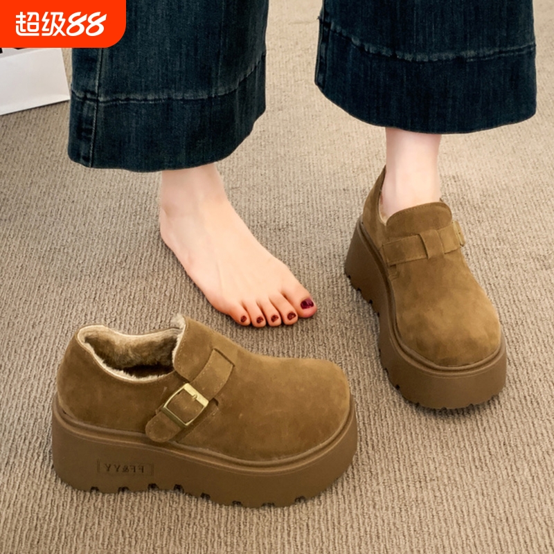 松糕厚底增高加绒全包勃肯鞋女2025新款冬季雪地靴一脚蹬乐福棉鞋
