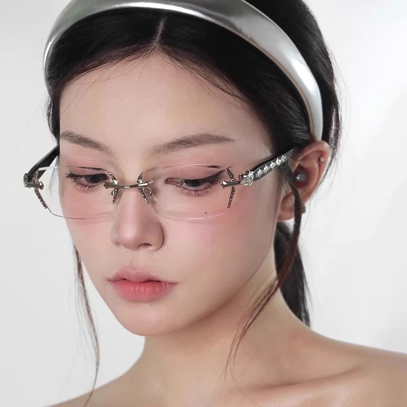 高智感纯欲无边框眼镜金属素颜女可配度数近视眼镜框架y2k欧美风