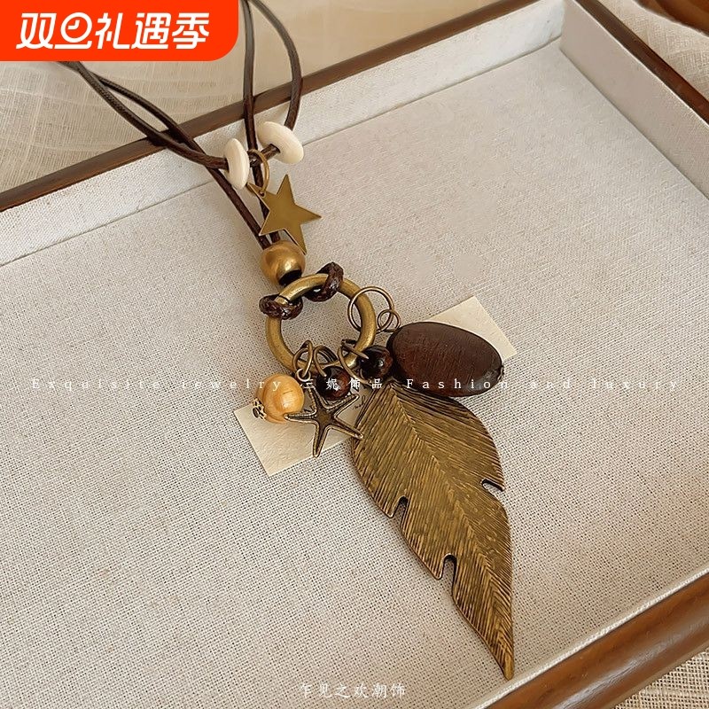 新中式禅意古铜羽毛项链女波西米亚民族风双层叠戴长款毛衣链配饰