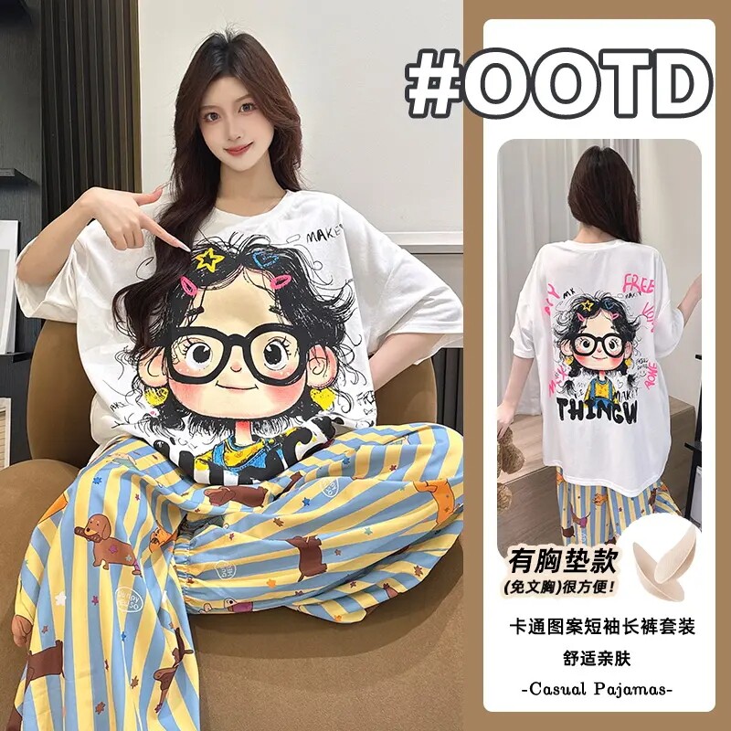 棉质睡衣女带胸垫套装卡通夏季短袖长裤家居服可外穿春夏薄款短裤