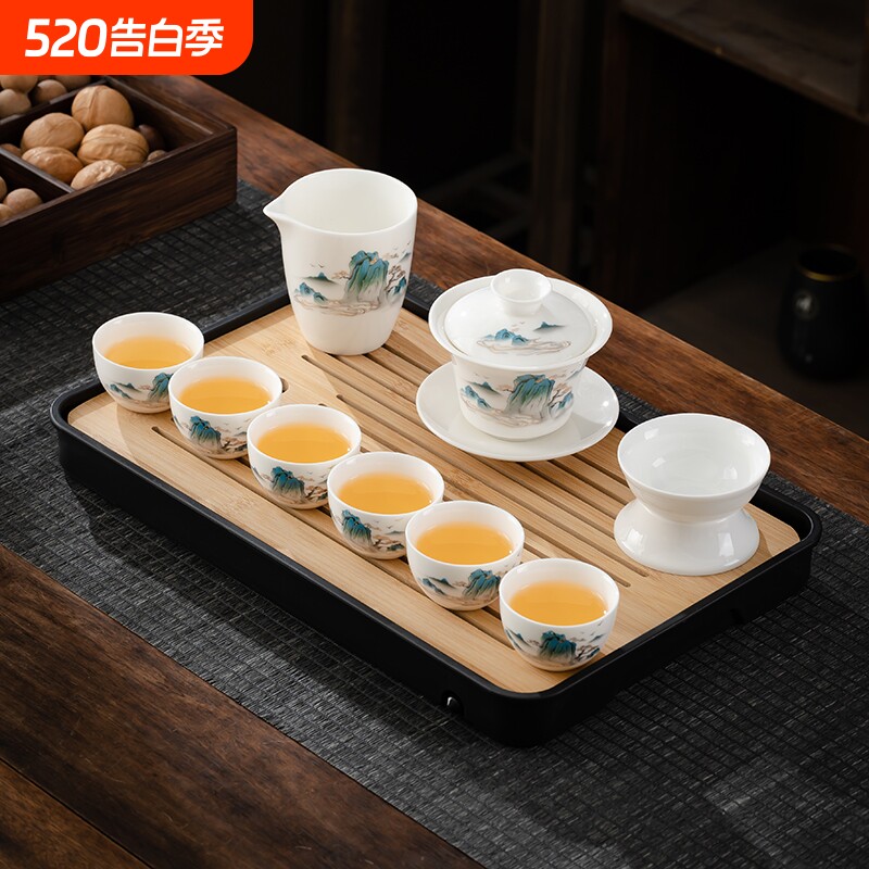 白瓷功夫茶具套装羊脂玉家用办公室泡茶茶壶盖碗茶杯轻奢高档个人