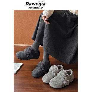 呢子灰色保暖魔术贴加绒棉勃肯鞋 新款 女外穿冬季 3CM内增高毛毛鞋