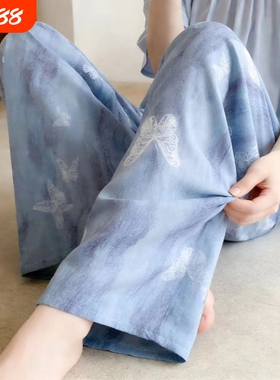 棉绸裤子睡裤女夏薄款阔腿裤可外穿人造棉家居波点小碎花蓝色短裤