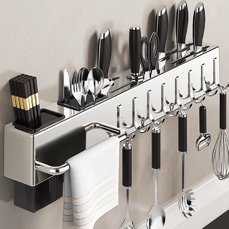 不锈钢厨房置物架多功能刀架家用壁挂免打孔筷子筒刀具一体收纳架