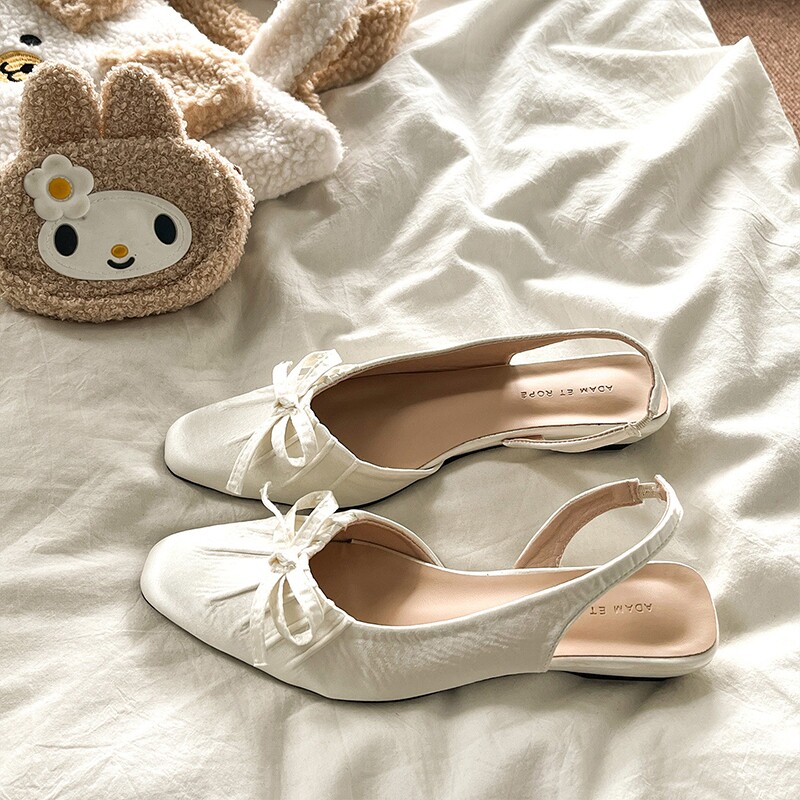 法式小方头坡跟包头凉鞋女2026夏季新款仙女风褶皱蝴蝶结后空单鞋