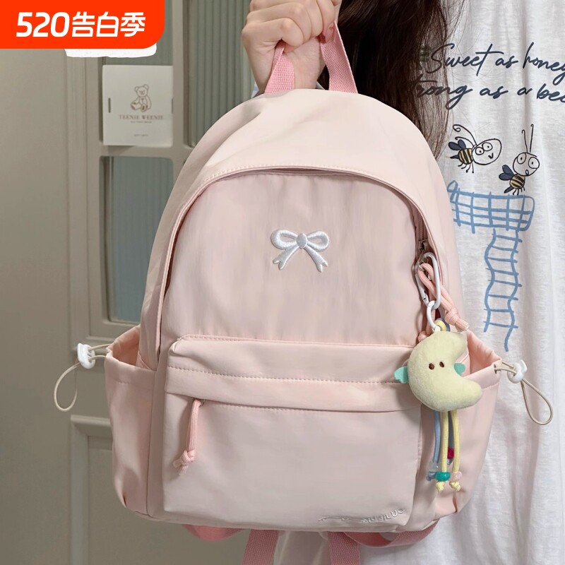 日系ins纯色简约小背包高颜值轻便中学生书包百搭双肩包蝴蝶结