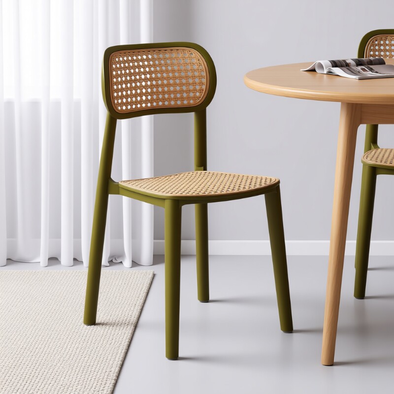 中古风靠背椅子可叠放藤编餐椅家用加厚塑料凳子客厅商用餐桌椅子