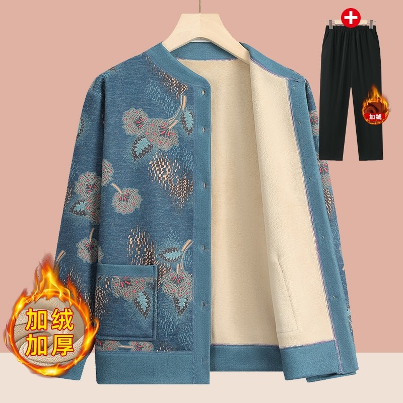 妈妈秋冬针织加绒保暖外套老年人奶奶装老人加厚毛衣开衫气质休闲