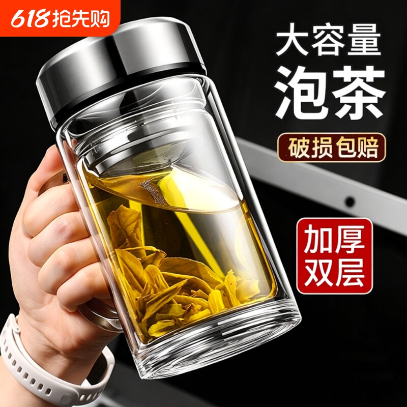 手柄玻璃杯办公杯喝水杯男大容量泡茶杯带盖杯子茶水防爆保温隔热