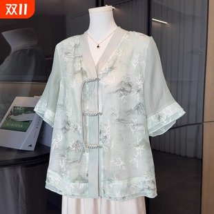 新款 小衫 套装 2025短袖 雪纺衬衫 中式 时尚 国风妈妈夏装 中老年女装
