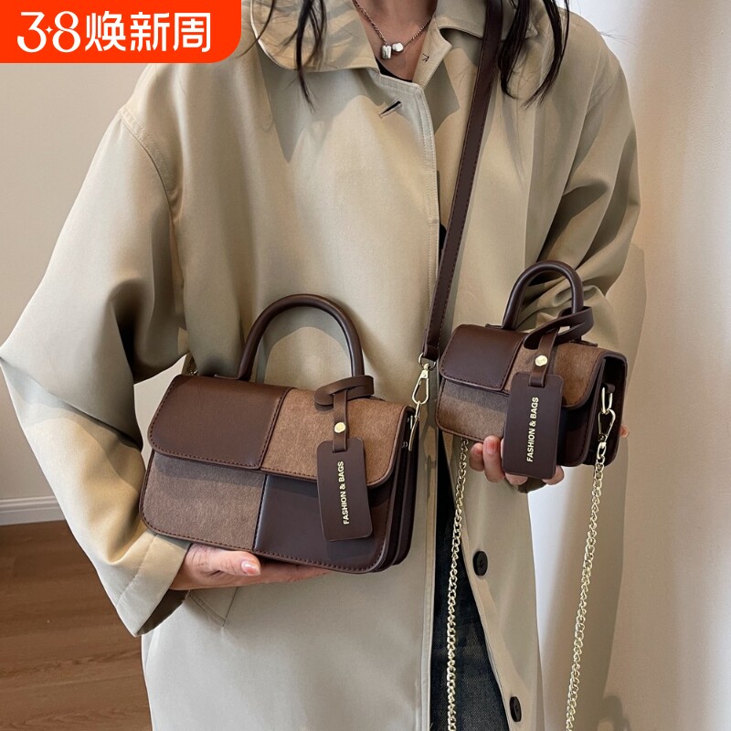 伊布古奇拼色手提小包包女士2025新款简约百搭小方包高级感斜挎包