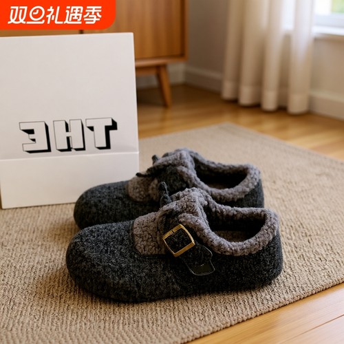 爆款勃肯鞋女2025秋冬季新款内增高加绒豆豆鞋毛毛棉鞋子灰色平底